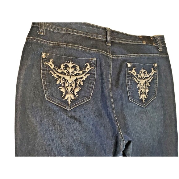 Women's Jeans Sz 16 High Waist Embroider Pockets Dark Wash Denim Straight Leg - Picture 3 of 12
